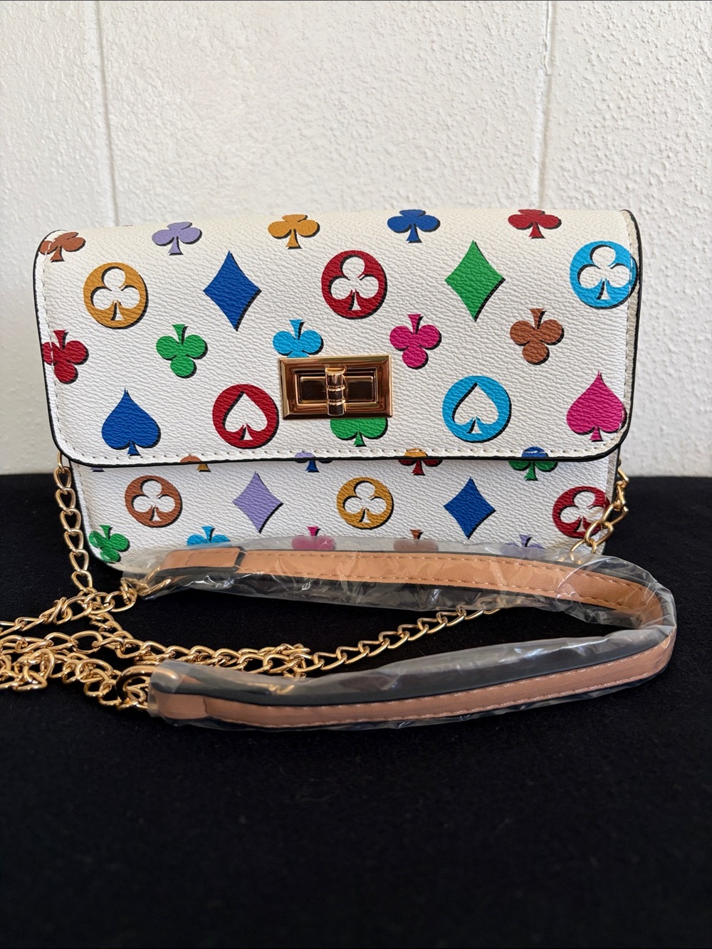 White Multicolor Patterned Crossbody Bag with Gold Chain